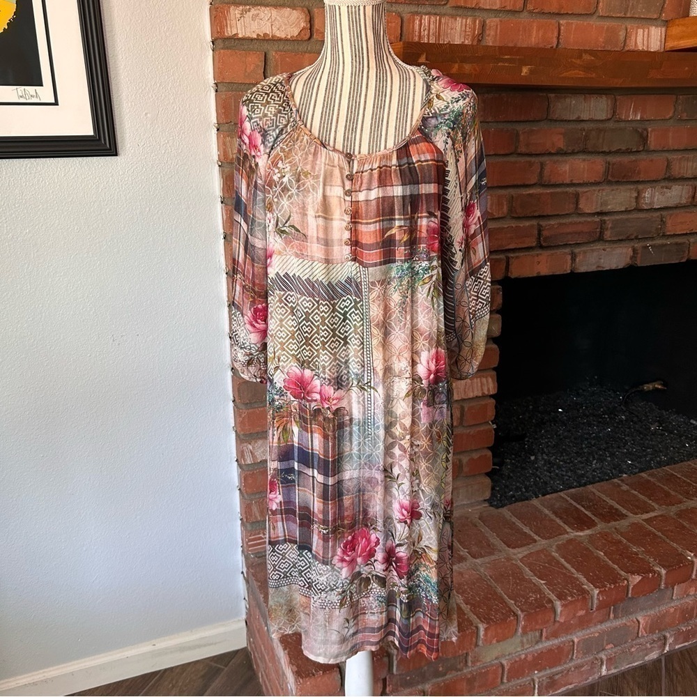 Johnny Was 3J Workshop Floral & Plaid Print Midi Dress Sz S
